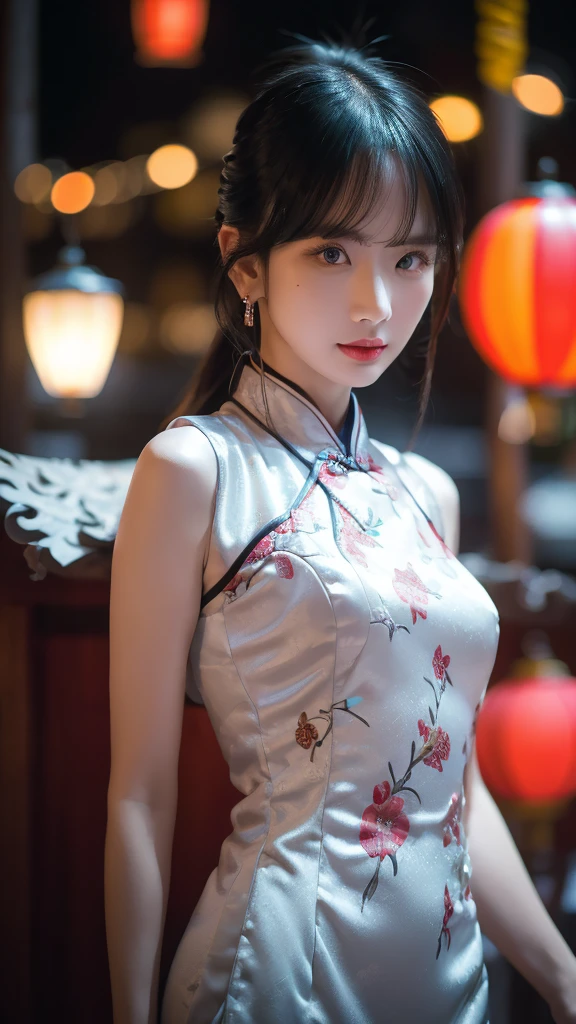 cheongsam, SMALL BREAST, sexy pose, model pose, earring, colorful lamp stall, shanghai street night, moonlight, windy, hair flying, night, extremely detailed eyes, extremely detailed face, best quality, extremely detailed, one person, one girl, ultra-detailed, (realistic, photo-realistic:1.3)