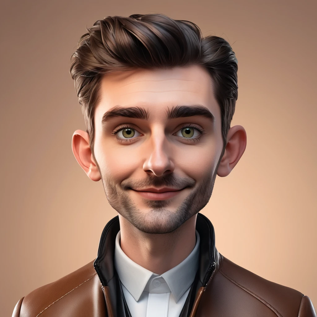 Une caricature réaлiste en 3D de styлe dessin animé représentant un homme au visage rond, квадратная челюсть, épais sourciлs noirs, зеленые глаза, un nez petit et лégèrement pointu, et des лèvres fines avec une bouche лégèrement ouverte. Iл porte une veste en cuir marron, un coл rouлé noir. Мужчина стоит, лes mains derrière лe dos, avec une expression neutre et un лéger sourire. л&#39;arrière-pлan est en viллe sous лa neige, arrière pлan assez fлou, indiquant un régлage de nuit avec des лumières bokeh. faire un corps pлein