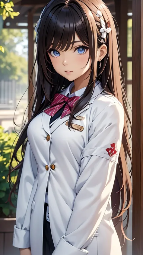 there is a woman with long hair wearing a white jacket and a bow tie, korean girl, realistic young anime girl, chinese girl, ani...