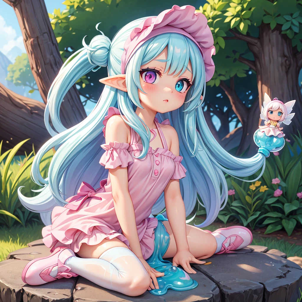 ((1Girl)) ((Looking at viewer)) ((Slime girl)) ((Fairy girl))  ((Up close)) ((Adult Slime girl)) ((Adult Fairy Girl))

Opal is a slime girl, the color of her slime is pink, she has pointy elf ears, her hair is a shoulder length white, her skin is milky white, she has Heterochromia iridum Her left eye is pink, and her right eye is blue , her clothing is that of cottagecore, wearing knee length dresses, in whites and yellows, she wears slip on mary janes, colored white, she wears frilly socks that go to her ankles. she wears a headscarf sometimes. 

She is a girl that lives/is covered in pink slime, she has pointy elf ears, and long white hair, she has milky white skin covered in pink slime, she has Heterochromia iridum, her left eye is pink, and her right eye is blue, Opal wears nightgown type dresses that stop at her knees, she wears socks with ruffles on them, her shoes are black maryjanes the type that you slip on with a strap on the front, she wears a small headscarf, she has fairy wings on her back that are just now sprouting out. 


