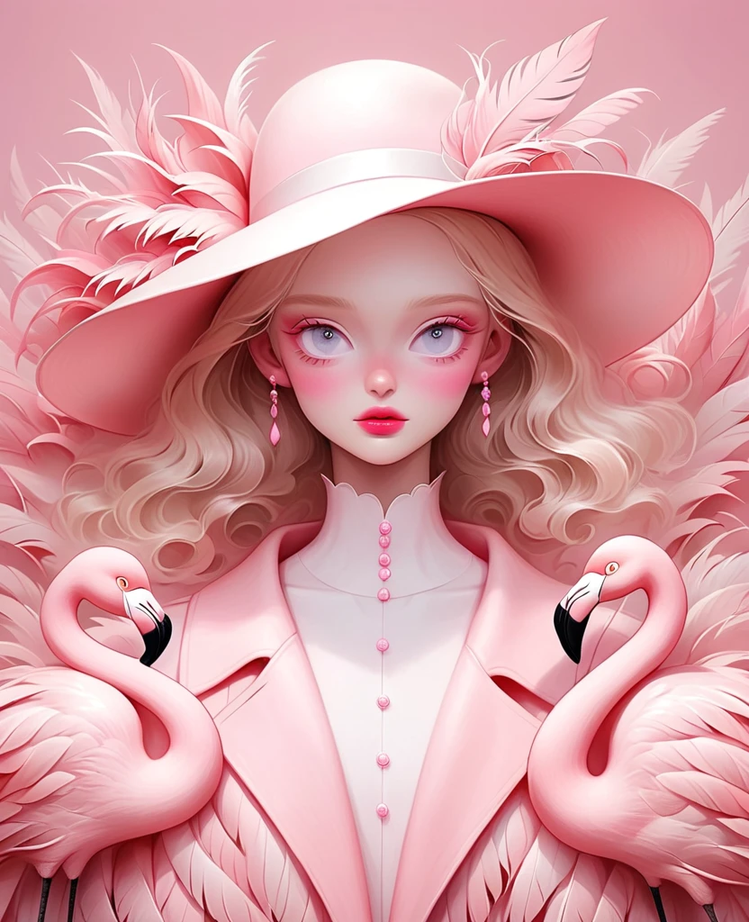 Una chica rubia con un sombrero blanco hecho de plumas de flamenco.，El fondo es rosa，Con tono rosa, hugh kretschmer (hugh kretschmer) y Nicoletta Sekoli (Nicoletta Ceccoli) Ilustraciones detalladas del estilo.，Presenta un estilo de realismo mágico y un color rosa suave., Combinación de colores rosa pálido，Composición simétrica y diseño minimalista.，Similar a las portadas de revistas de moda o la fotografía editorial..