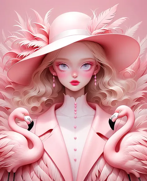 A blonde girl wearing a white hat made of flamingo feathers，The background is pink，With pink hue, Hugh Kretschmer (hugh kretschm...