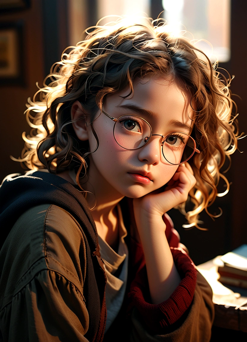 (Model shooting style), A sad homeless little girl, (wear glasses), dressing a old torn clothes, (Shy), 1 Girl, Solitary, brown、curly、Messy hair, Very detailed face, beautiful eyes, [Chubby], Lovely, Ruddy cheeks，Bright, Sad eyes, Stunning beauty, (Rembrandt Lighting), Zeiss lenses, Surreal, (High Detail Skin:1.2), 8K Ultra HD, Digital SLR Camera, Dramatic rim light, high quality, Fuji XT3,