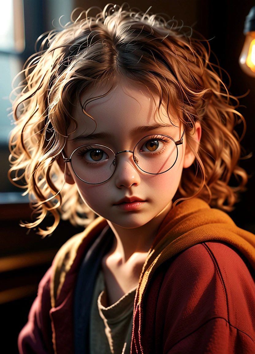 (Model shooting style), A sad homeless little girl, (wear glasses), dressing a old torn clothes, (Shy), 1 Girl, Solitary, brown、curly、Messy hair, Very detailed face, beautiful eyes, [Chubby], Lovely, Ruddy cheeks，Bright, Sad eyes, Stunning beauty, (Rembrandt Lighting), Zeiss lenses, Surreal, (High Detail Skin:1.2), 8K Ultra HD, Digital SLR Camera, Dramatic rim light, high quality, Fuji XT3,