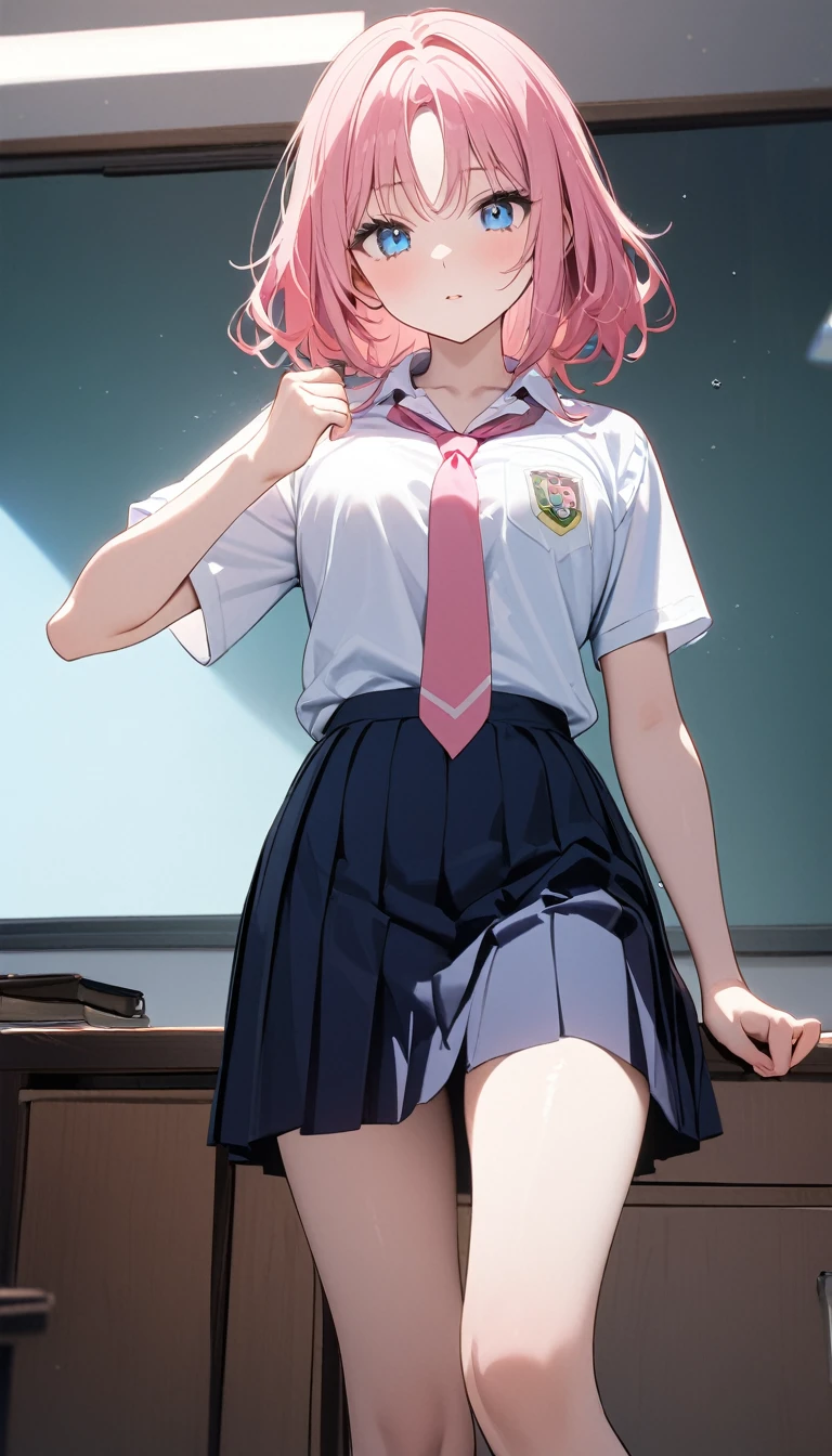 (1 girl),(Best Picture Quality, 8K, Masterpiece:1.3), (high school student:1.5), (pink lob hair), ((bumpy hair:1.2)), (parted bangs), (slant skyblue eyes), ((school uniform, white short simple sleeve shirt, darkblue skirt, pink tie)), (super clear:1.5), (glistening skin:1.1),(pale skin:1.1),