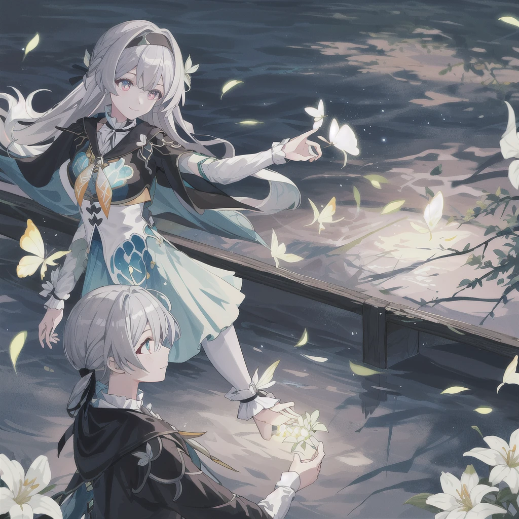 A masterpice、best quality、illutst、Extremely high quality、high picture quality、, in beautiful flowery garden、A slight smile、She has a large bouquet、、Hair fluttering in the wind, 1girl, solo, firefly from Honkai Star Rail, long hair, silver hair, gradient eyes, black headband, medium breasts