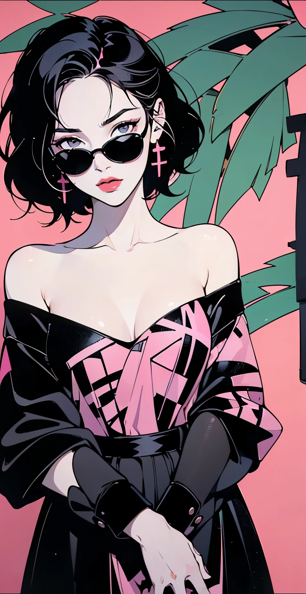 ((Lisa Black Pink)) in a dress standing in front of simple background, up close, ((Art style by Patrick Nagel)), ((8k, wallpaper, detailed)), dark sunglasses, korean pop-star, black hair, pretty hands, fringe, simple red background, palm trees, (graffiti wall:1.2), strong, courageous, art by Patrick Nagel, album art cover