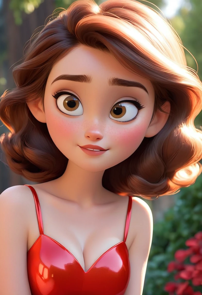 (disney pixar style:1.2) (cute adorable girl:1.1) (adult aged 20:1.15), White, hazel eyes, wearing a modern shiny red dress, big breasts, cleavage, standing with her boyfriend 