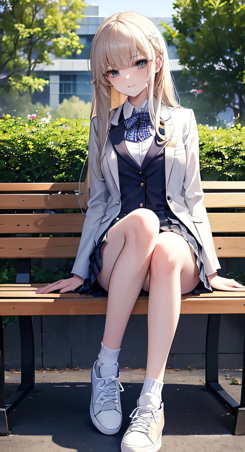 high quality, masterpiece, High resolution, (Head to Toe full body), front, frontComposition from slightly below, Symmetric, Tall 18 year old girl, alone, (Head to Toe), (Small breasts), socks、, (Sit with your legs apart), (Crouching pose), ( (Sit on a bench with your legs spread), (M-shaped feet), Thin legs, Very beautiful tall 18 year old girl, (White sneakers), smile、 Looking into the camera, blazer uniform, Checkered Pleated Skirt
