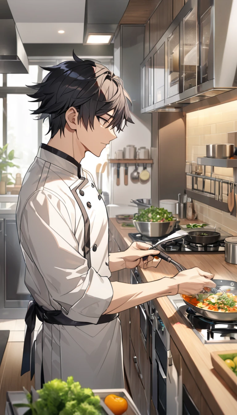 "A handsome young man with black hair, dressed in a professional chef's outfit, is standing in a modern kitchen. He is focused and skillfully preparing a delicious dish, with various cooking utensils and ingredients around him. The background features stainless steel appliances and a well-organized kitchen setup, emphasizing his dedication and expertise in the culinary arts."