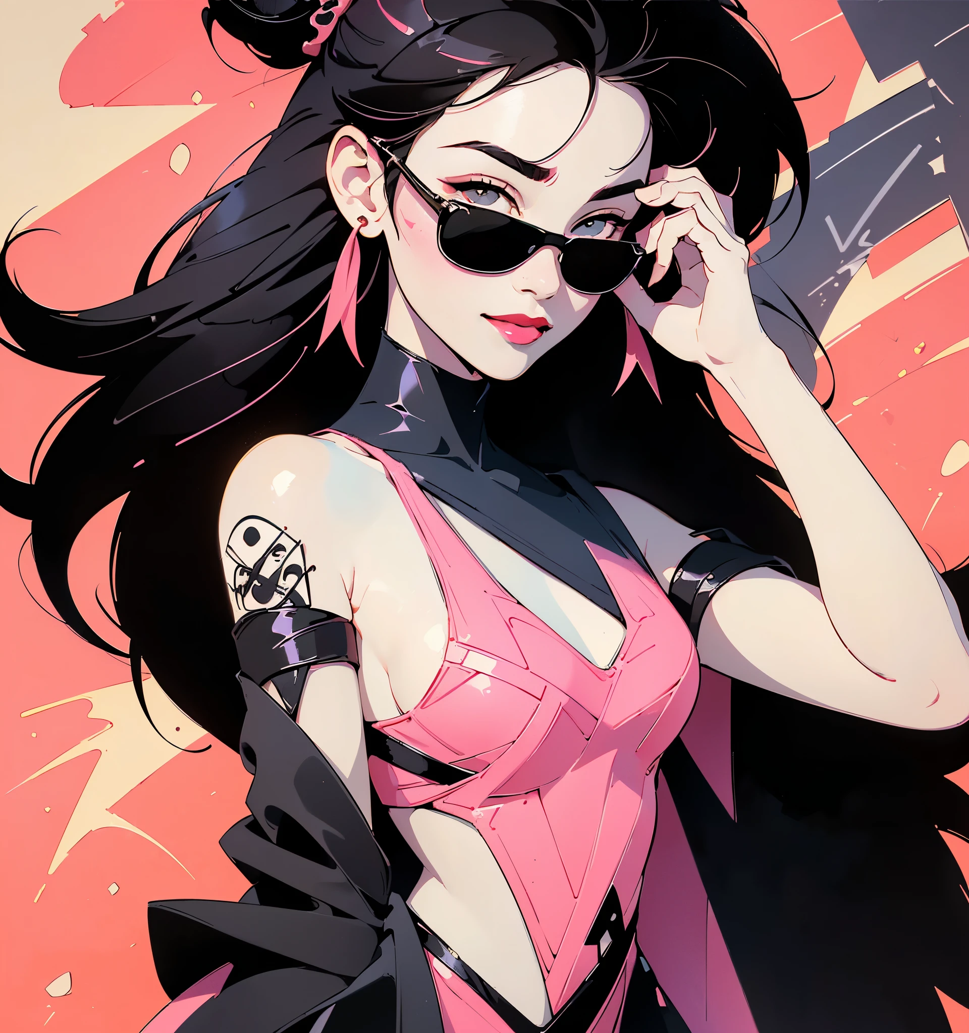 ((Lisa Black Pink)) in a dress standing in front of simple background, up close, ((Art style by Patrick Nagel)), ((8k, wallpaper, detailed)), dark sunglasses, korean pop-star, gorgeous smile, black hair, pretty hands, fringe, simple red background, palm trees, (graffiti wall:1.2), strong, courageous, art by Patrick Nagel, album art cover