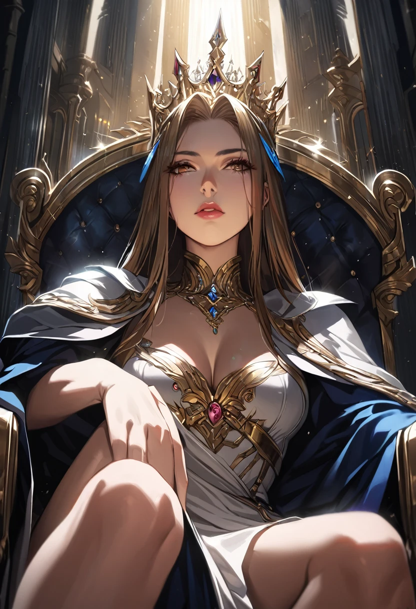 A Queen sitting on the throne, European, detailed face, dramatic lighting, cinematic angle, photorealistic, 8k, high resolution, hyper detailed, masterpiece,refiner: woman face,light beams