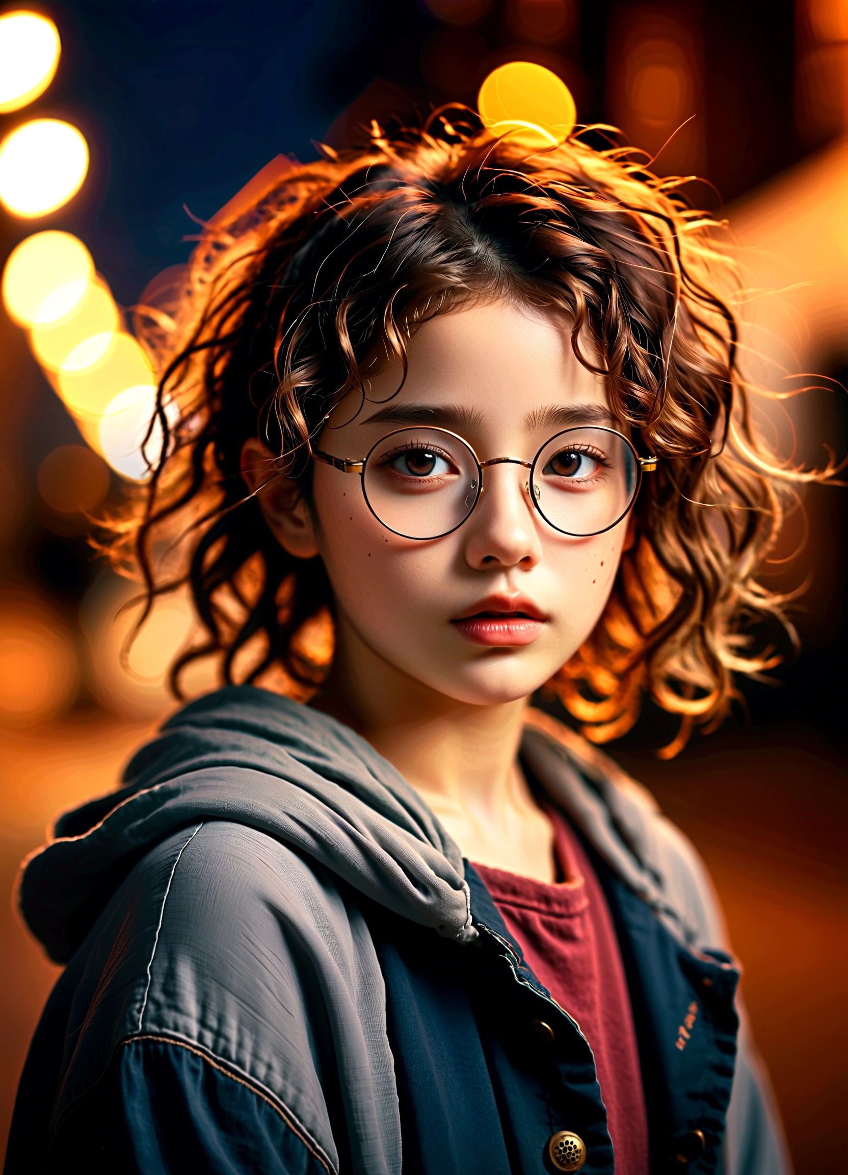 (Model shooting style), A sad homeless little girl, (wear glasses), dressing a old torn clothes, (Shy), 1 Girl, Solitary, brown、curly、Messy hair, Very detailed face, beautiful eyes, [Chubby], Lovely, Ruddy cheeks，Bright, Sad eyes, Stunning beauty, (Rembrandt Lighting), Zeiss lenses, Surreal, (High Detail Skin:1.2), 8K Ultra HD, Digital SLR Camera, Dramatic rim light, high quality, Fuji XT3,