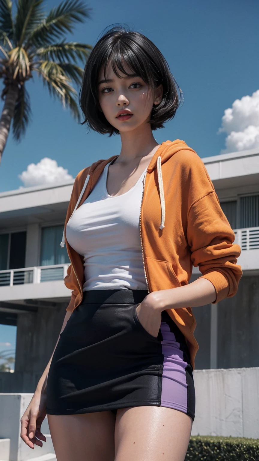 long shot portrait of cute 23 yo girl, (natural breast) ,wear ((orange color oversized hoodie)), wear ((purple tennis skirt)),looking front,Best Quality,Masterpiece,Ultra High Resolution,(Realisticity:1.4),Original Photo, 1Girl, light leak,ultra high resolution,UHD,beautiful, (black bob hair), almond eye, no makeup, in front of (80's mondrian architecture motel), (realistic:1.2), (surreal:1.3), (very detailed:1.1), ((masterpiece)),summer, blue sky, palm trees,sunny, los angles vibes,film camera, 800mm lens,style of Philip Lorca diCorcia