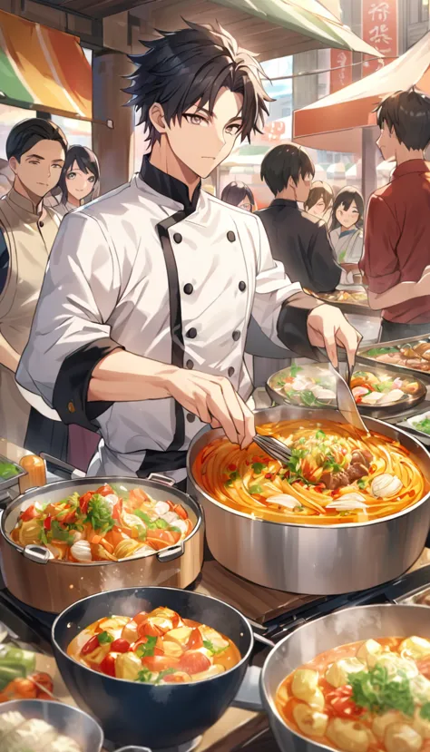 "a handsome young man with black hair, dressed in a professional chef's outfit, is standing at a bustling street food stall. he ...