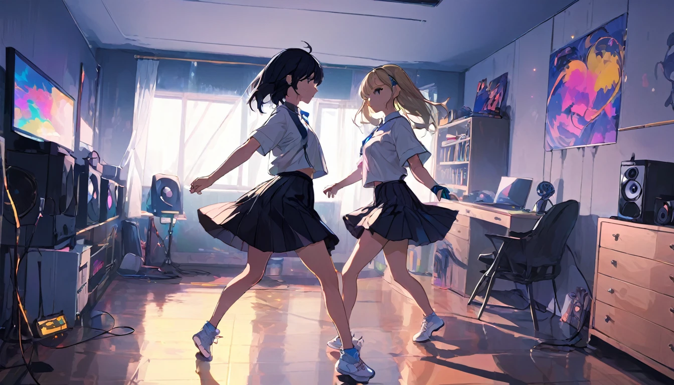 2d anime style, a beautiful woman in modern clothes dances in her room to the sound of electronic dance music