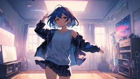 2d anime style, a beautiful woman in modern clothes dances in her room to the sound of electronic dance music