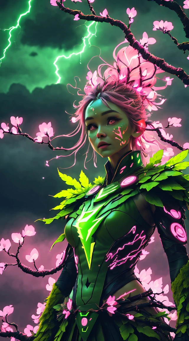 A woman in a green and pink outfit standing in front of a tree Plant Maiden，metal leaf，Wired branch，glowing light eyeechanical bark，bark covered with moss，tribe outfit，majestic figure，(ancient tribal markings)，Control the tendrils extending from the arms，Neon lights dance on the body，(Lightning around branches and leaves)，(peach blossom)，The petals are soft and delicate，vibrant with colors，(A harmonious blend of green and pink)，(Ominous dark clouds in the sky)，Night atmosphere，A futuristic，Vibrant colors and high-contrast lighting，Dramatic shadows and highlights.(Best quality at best, 4K, 8K, tmasterpiece: 1.2), (actual, photograph realistic, photograph realistic: 1.37)