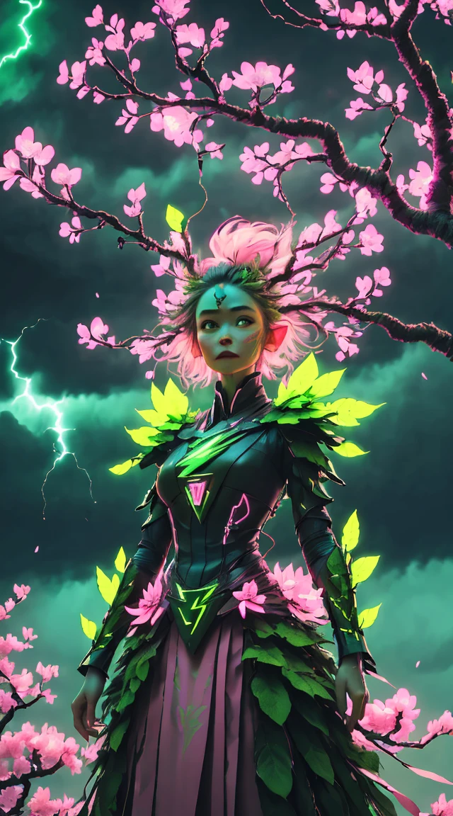 A woman in a green and pink outfit standing in front of a tree Plant Maiden，metal leaf，Wired branch，glowing light eyeechanical bark，bark covered with moss，tribe outfit，majestic figure，(ancient tribal markings)，Control the tendrils extending from the arms，Neon lights dance on the body，(Lightning around branches and leaves)，(peach blossom)，The petals are soft and delicate，vibrant with colors，(A harmonious blend of green and pink)，(Ominous dark clouds in the sky)，Night atmosphere，A futuristic，Vibrant colors and high-contrast lighting，Dramatic shadows and highlights.(Best quality at best, 4K, 8K, tmasterpiece: 1.2), (actual, photograph realistic, photograph realistic: 1.37)