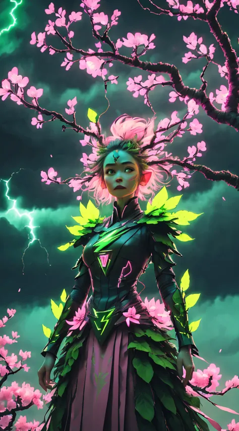A woman in a green and pink outfit standing in front of a tree Plant Maiden，metal leaf，Wired branch，glowing light eyeechanical b...