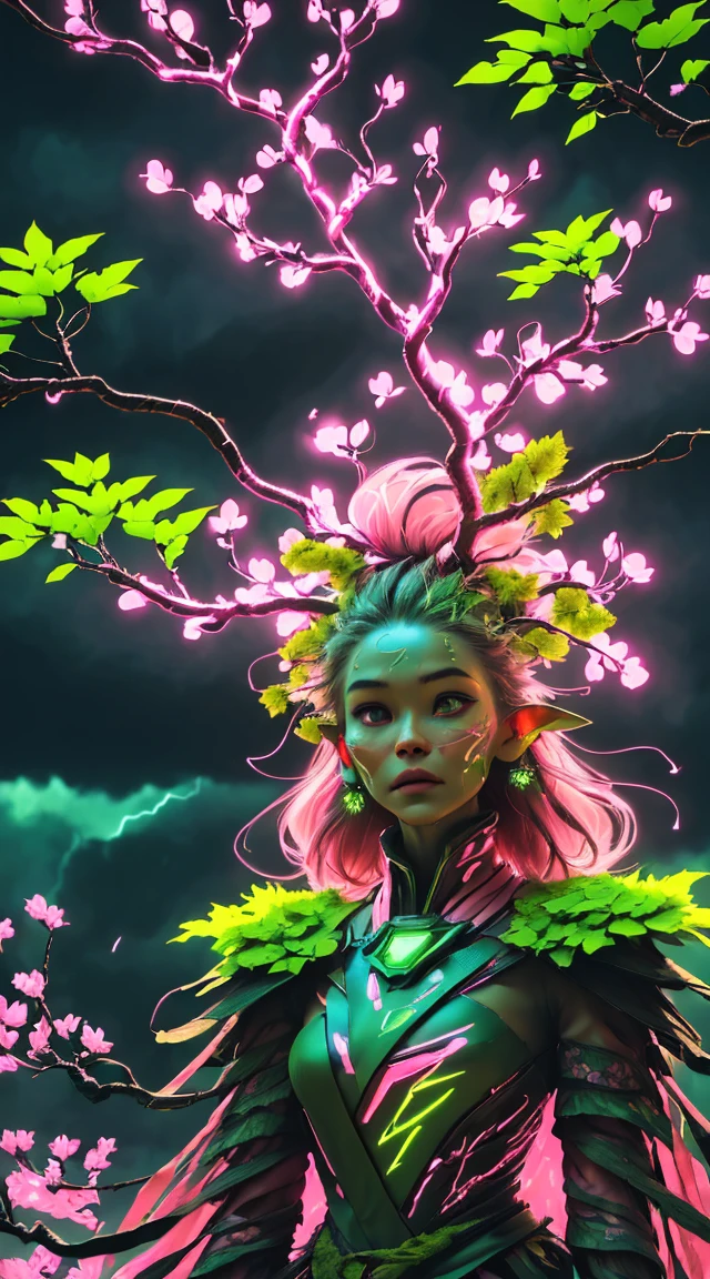 A woman in a green and pink outfit standing in front of a tree Plant Maiden，metal leaf，Wired branch，glowing light eyeechanical bark，bark covered with moss，tribe outfit，majestic figure，(ancient tribal markings)，Control the tendrils extending from the arms，Neon lights dance on the body，(Lightning around branches and leaves)，(peach blossom)，The petals are soft and delicate，vibrant with colors，(A harmonious blend of green and pink)，(Ominous dark clouds in the sky)，Night atmosphere，A futuristic，Vibrant colors and high-contrast lighting，Dramatic shadows and highlights.(Best quality at best, 4K, 8K, tmasterpiece: 1.2), (actual, photograph realistic, photograph realistic: 1.37)