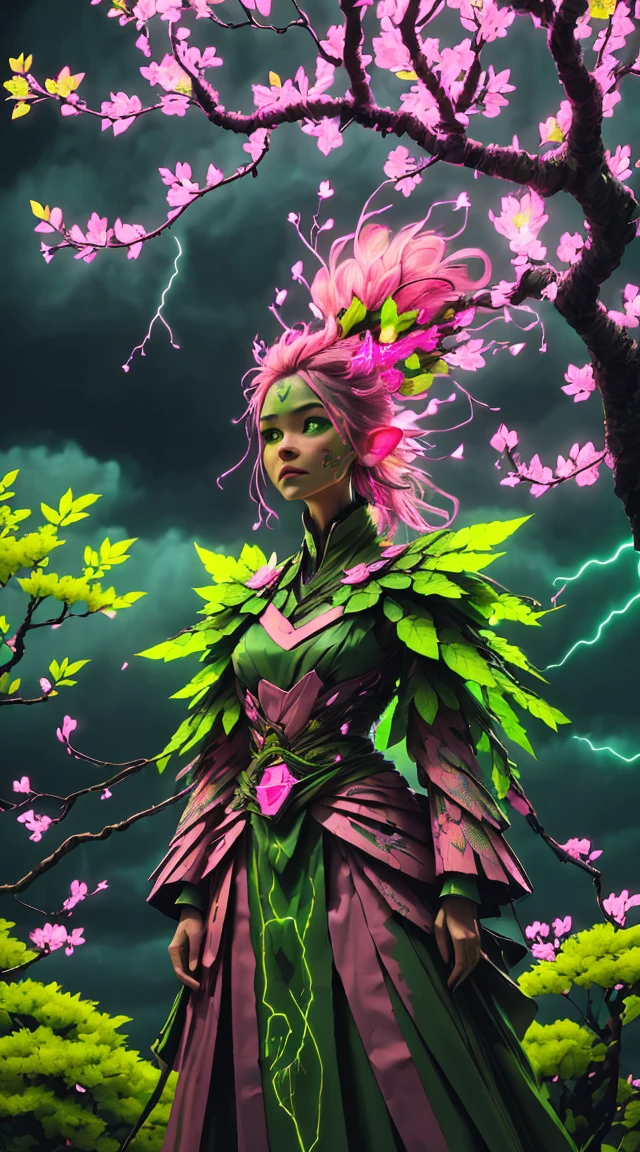 A woman in a green and pink outfit standing in front of a tree Plant Maiden，metal leaf，Wired branch，glowing light eyeechanical bark，bark covered with moss，tribe outfit，majestic figure，(ancient tribal markings)，Control the tendrils extending from the arms，Neon lights dance on the body，(Lightning around branches and leaves)，(peach blossom)，The petals are soft and delicate，vibrant with colors，(A harmonious blend of green and pink)，(Ominous dark clouds in the sky)，Night atmosphere，A futuristic，Vibrant colors and high-contrast lighting，Dramatic shadows and highlights.(Best quality at best, 4K, 8K, tmasterpiece: 1.2), (actual, photograph realistic, photograph realistic: 1.37)