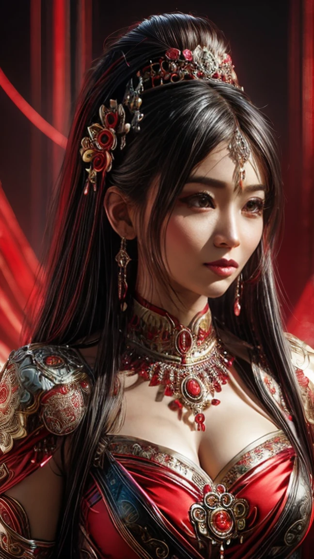 a woman in a red and black outfit posing for a picture, beautiful oriental woman, traditional beauty, indian goddess, asian girl, asian woman, beautiful asian girl, 8k artgerm bokeh, gorgeous woman, beautiful asian woman, beautiful goddess, fantasy woman, a beautiful fantasy empress, wlop. 4 k, asian hyperdetailed, in style of wlop