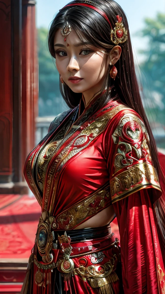 a woman in a red and black outfit posing for a picture, beautiful oriental woman, traditional beauty, indian goddess, asian girl, asian woman, beautiful asian girl, 8k artgerm bokeh, gorgeous woman, beautiful asian woman, beautiful goddess, fantasy woman, a beautiful fantasy empress, wlop. 4 k, asian hyperdetailed, in style of wlop