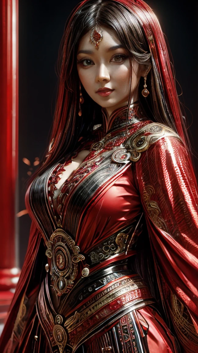 a woman in a red and black outfit posing for a picture, beautiful oriental woman, traditional beauty, indian goddess, asian girl, asian woman, beautiful asian girl, 8k artgerm bokeh, gorgeous woman, beautiful asian woman, beautiful goddess, fantasy woman, a beautiful fantasy empress, wlop. 4 k, asian hyperdetailed, in style of wlop