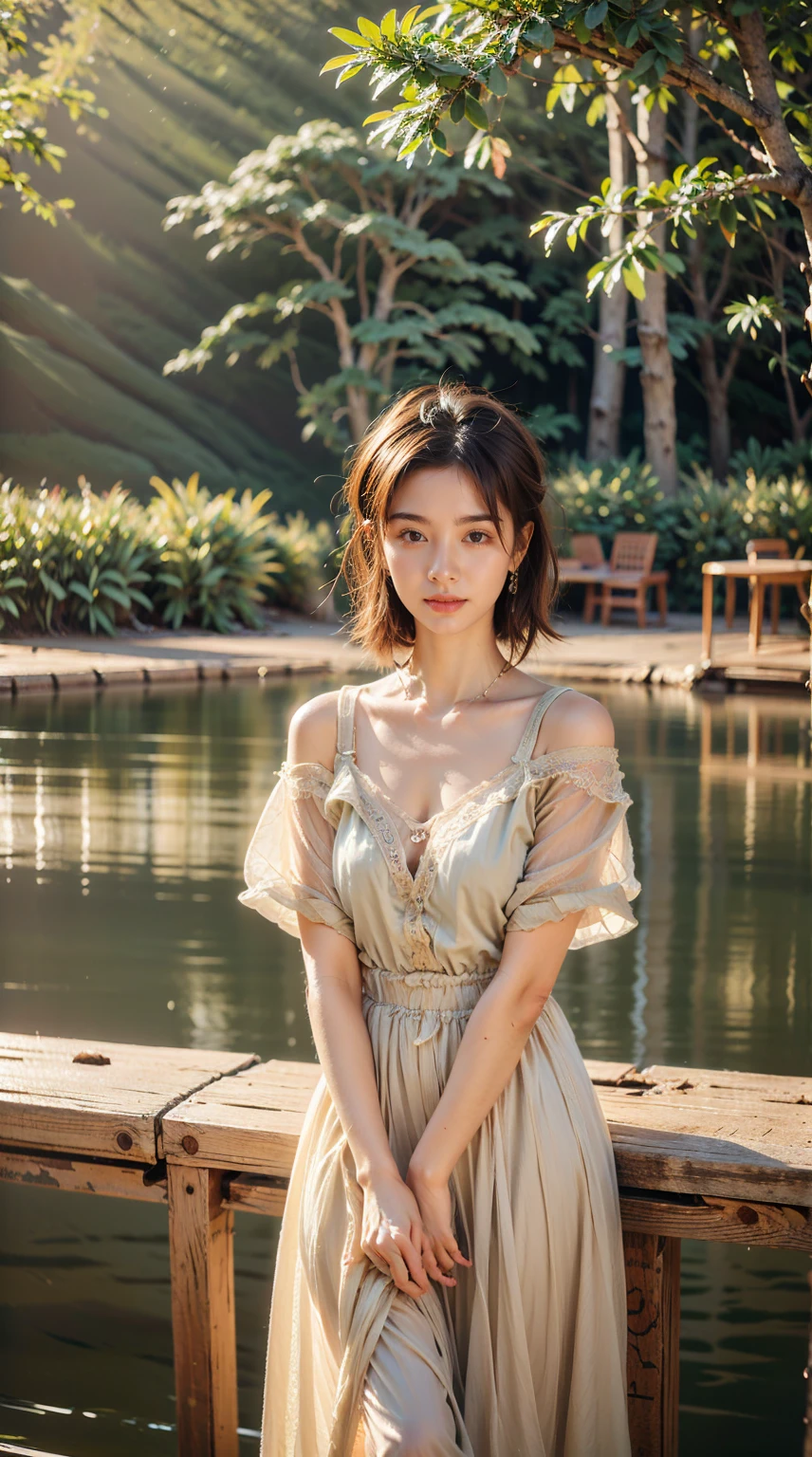 beautiful japanese woman　intricately colored detailed hair　short brown hair,　delicate beautiful eyes　smooth soft skin　gentle smile　white lace dress　standing on a small river　Asahi　Professional photographer　professional lighting