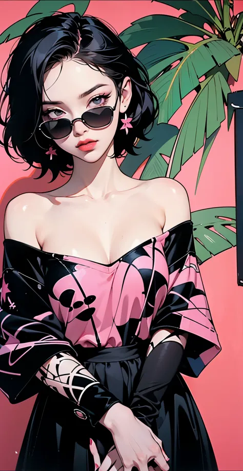 ((lisa black pink)) in a dress standing in front of simple background, up close, ((art style by patrick nagel)), ((8k, wallpaper...