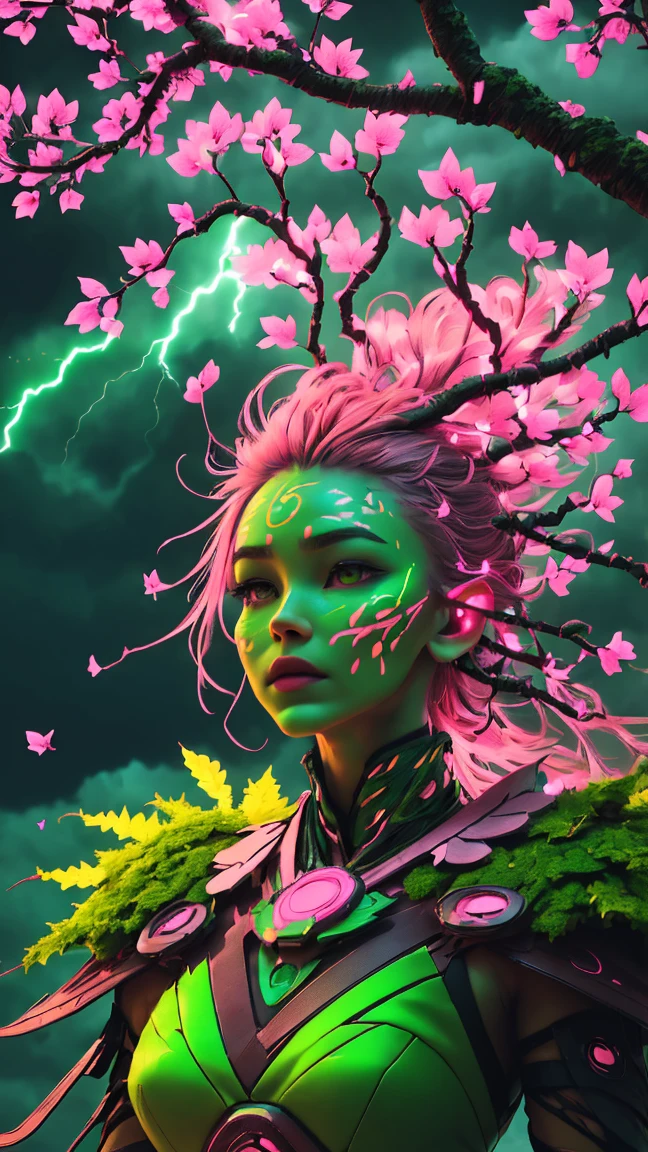 A woman in a green and pink outfit standing in front of a tree Plant Maiden，metal leaf，Wired branch，glowing light eyeechanical bark，bark covered with moss，tribe outfit，majestic figure，(ancient tribal markings)，Control the tendrils extending from the arms，Neon lights dance on the body，(Lightning around branches and leaves)，(peach blossom)，The petals are soft and delicate，vibrant with colors，(A harmonious blend of green and pink)，(Ominous dark clouds in the sky)，Night atmosphere，A futuristic，Vibrant colors and high-contrast lighting，Dramatic shadows and highlights.(Best quality at best, 4K, 8K, tmasterpiece: 1.2), (actual, photograph realistic, photograph realistic: 1.37)