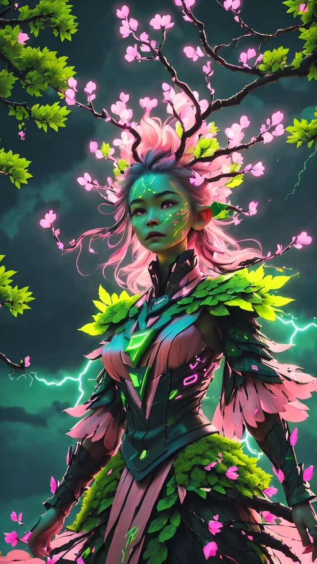 A woman in a green and pink outfit standing in front of a tree Plant Maiden，metal leaf，Wired branch，glowing light eyeechanical bark，bark covered with moss，tribe outfit，majestic figure，(ancient tribal markings)，Control the tendrils extending from the arms，Neon lights dance on the body，(Lightning around branches and leaves)，(peach blossom)，The petals are soft and delicate，vibrant with colors，(A harmonious blend of green and pink)，(Ominous dark clouds in the sky)，Night atmosphere，A futuristic，Vibrant colors and high-contrast lighting，Dramatic shadows and highlights.(Best quality at best, 4K, 8K, tmasterpiece: 1.2), (actual, photograph realistic, photograph realistic: 1.37)