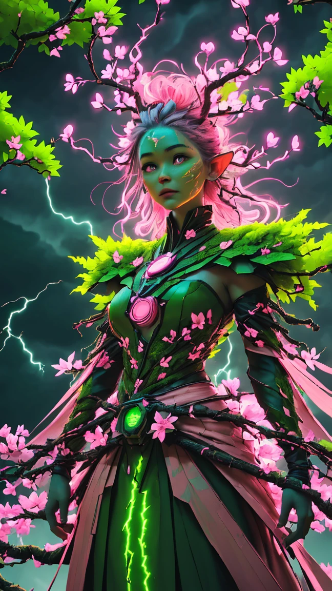 A woman in a green and pink outfit standing in front of a tree Plant Maiden，metal leaf，Wired branch，glowing light eyeechanical bark，bark covered with moss，tribe outfit，majestic figure，(ancient tribal markings)，Control the tendrils extending from the arms，Neon lights dance on the body，(Lightning around branches and leaves)，(peach blossom)，The petals are soft and delicate，vibrant with colors，(A harmonious blend of green and pink)，(Ominous dark clouds in the sky)，Night atmosphere，A futuristic，Vibrant colors and high-contrast lighting，Dramatic shadows and highlights.(Best quality at best, 4K, 8K, tmasterpiece: 1.2), (actual, photograph realistic, photograph realistic: 1.37)