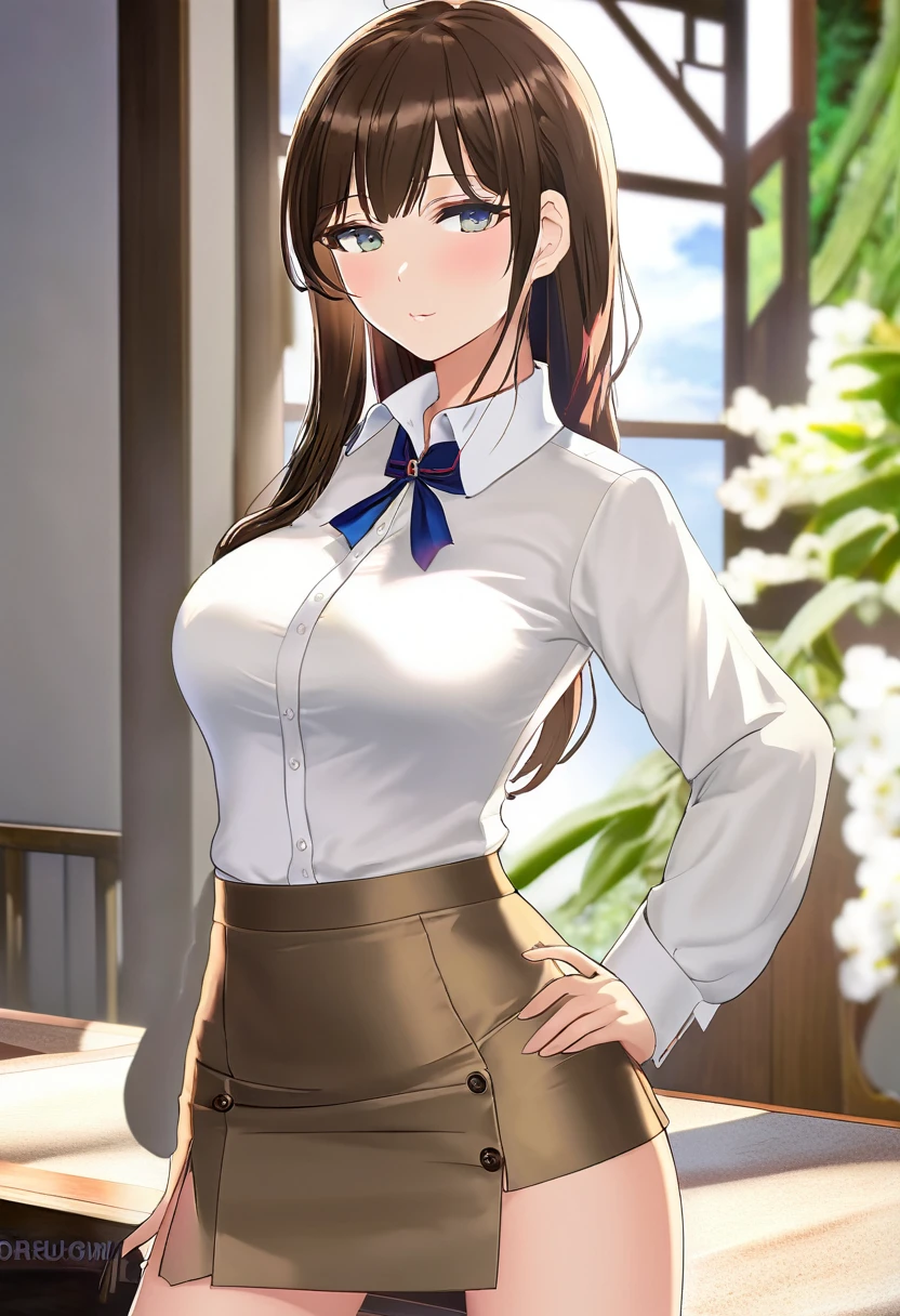 masterpiece, Highest quality, Highest quality　Japanese Face　whole body　A fitted white shirt made of satin　Buttoned collar　Big Breasts　beautiful girl　Tight Skirt