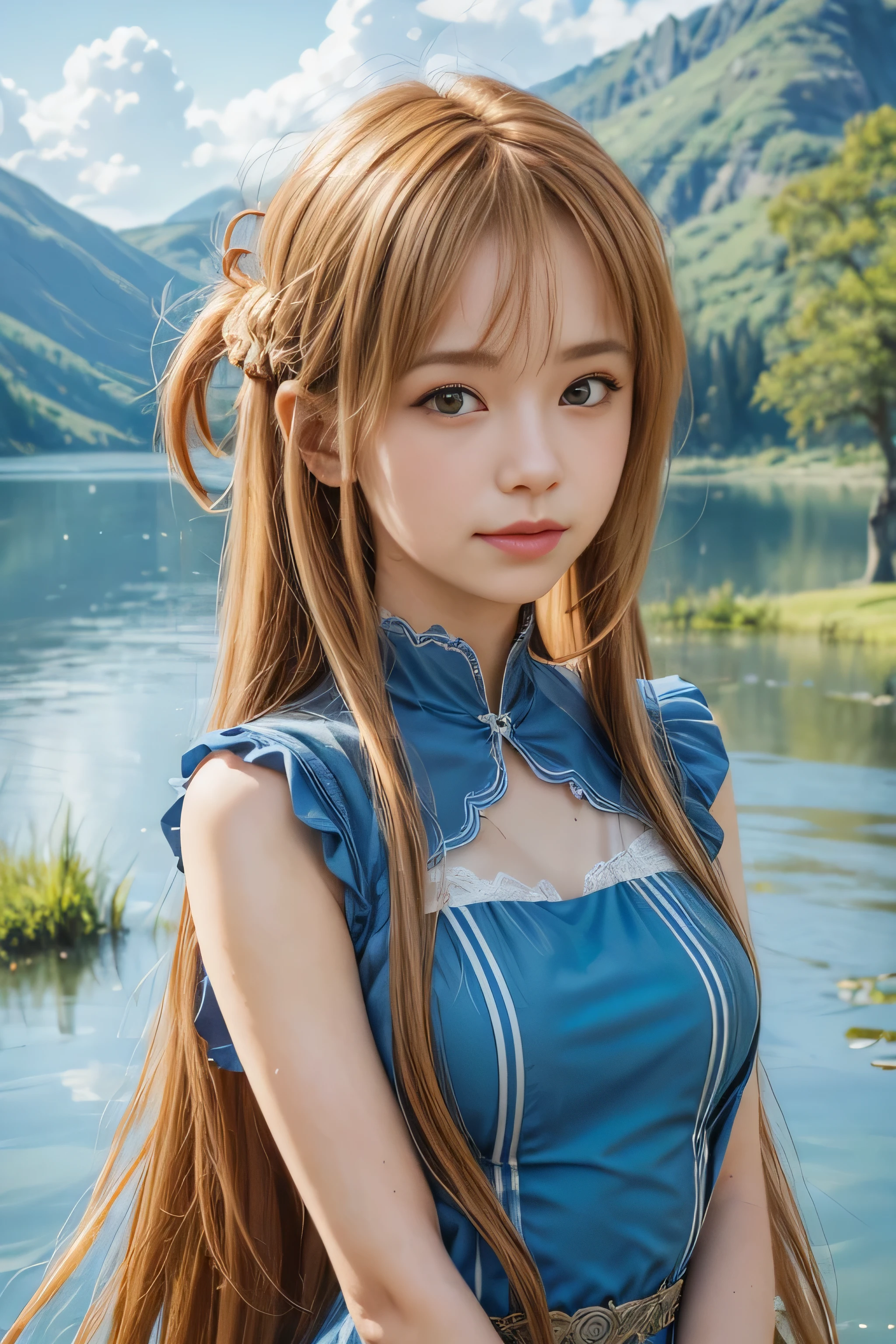 masterpiece, best quality, (realistic,photo-realistic:1.4), (RAW photo:1.2), extremely detailed CG unity 8k wallpaper, delicate and beautiful, amazing,finely detail, official art, absurdres, incredibly absurdres, huge filesize, ultra-detailed,extremely detailed eyes and face,light on face,little smile,yuuki asuna,(caramel hair:1.4),(long hair:1.3),(wearing blue dress:1.4),(lake background:1.4)