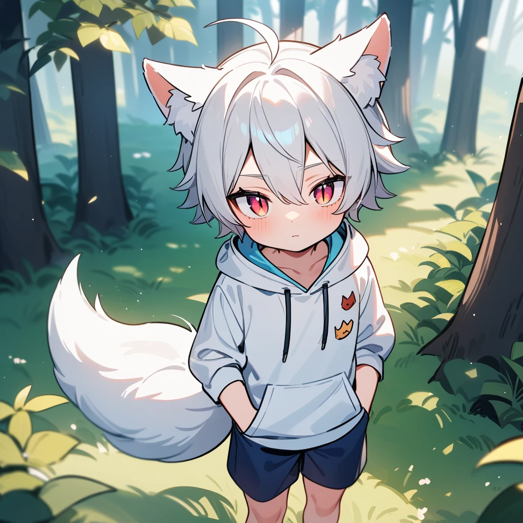 （masterpiece：1.2，high quality），8K，High resolution，A seven-year-old boy，cute boy，white hair，short hair，light red eyes，slit pupils， ahoge，cat ears，expressionless eyes，Halation，Wearing a white hoodie，Dark blue shorts，Stand in the forest，There are flowering trees on both sides.，primary school student，thigh，alone，fox tail，（Put your hands in your pockets）