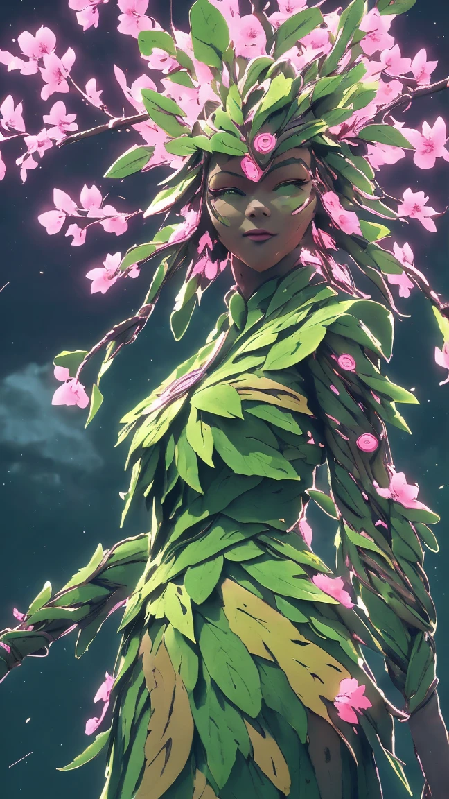 A woman in a green and pink outfit standing in front of a tree Plant Maiden，metal leaf，Wired branch，glowing light eyeechanical bark，bark covered with moss，tribe outfit，majestic figure，(ancient tribal markings)，Control the tendrils extending from the arms，Neon lights dance on the body，(Lightning around branches and leaves)，(peach blossom)，The petals are soft and delicate，vibrant with colors，(A harmonious blend of green and pink)，(Ominous dark clouds in the sky)，Night atmosphere，A futuristic，Vibrant colors and high-contrast lighting，Dramatic shadows and highlights.(Best quality at best, 4K, 8K, tmasterpiece: 1.2), (actual, photograph realistic, photograph realistic: 1.37)