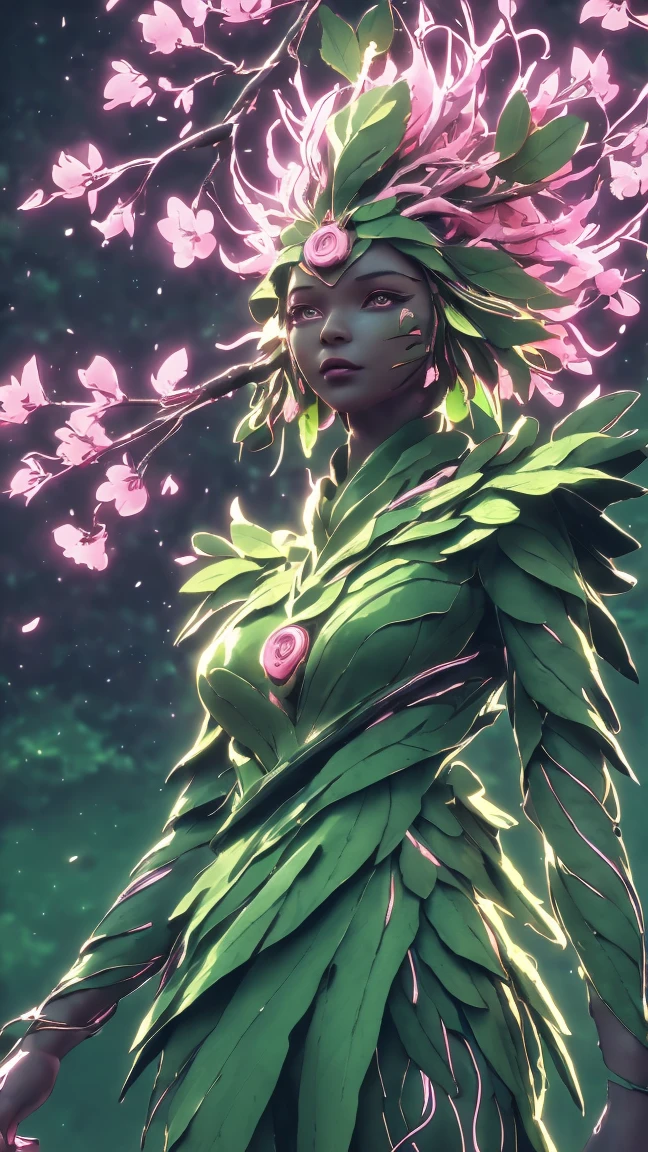 A woman in a green and pink outfit standing in front of a tree Plant Maiden，metal leaf，Wired branch，glowing light eyeechanical bark，bark covered with moss，tribe outfit，majestic figure，(ancient tribal markings)，Control the tendrils extending from the arms，Neon lights dance on the body，(Lightning around branches and leaves)，(peach blossom)，The petals are soft and delicate，vibrant with colors，(A harmonious blend of green and pink)，(Ominous dark clouds in the sky)，Night atmosphere，A futuristic，Vibrant colors and high-contrast lighting，Dramatic shadows and highlights.(Best quality at best, 4K, 8K, tmasterpiece: 1.2), (actual, photograph realistic, photograph realistic: 1.37)