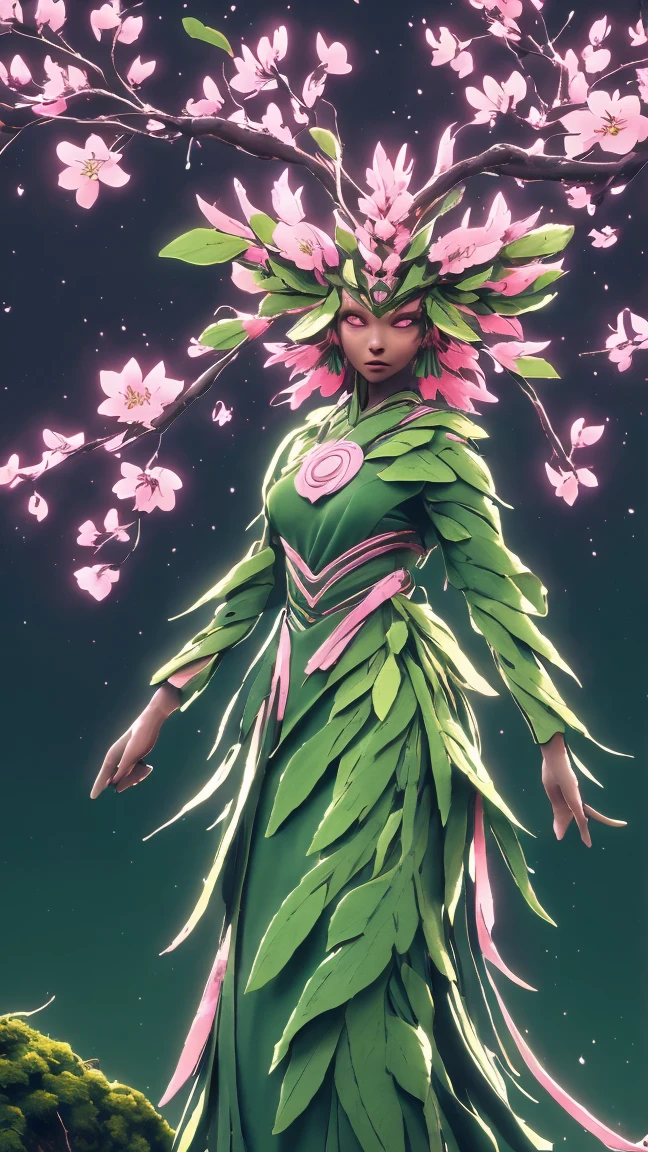 A woman in a green and pink outfit standing in front of a tree Plant Maiden，metal leaf，Wired branch，glowing light eyeechanical bark，bark covered with moss，tribe outfit，majestic figure，(ancient tribal markings)，Control the tendrils extending from the arms，Neon lights dance on the body，(Lightning around branches and leaves)，(peach blossom)，The petals are soft and delicate，vibrant with colors，(A harmonious blend of green and pink)，(Ominous dark clouds in the sky)，Night atmosphere，A futuristic，Vibrant colors and high-contrast lighting，Dramatic shadows and highlights.(Best quality at best, 4K, 8K, tmasterpiece: 1.2), (actual, photograph realistic, photograph realistic: 1.37)