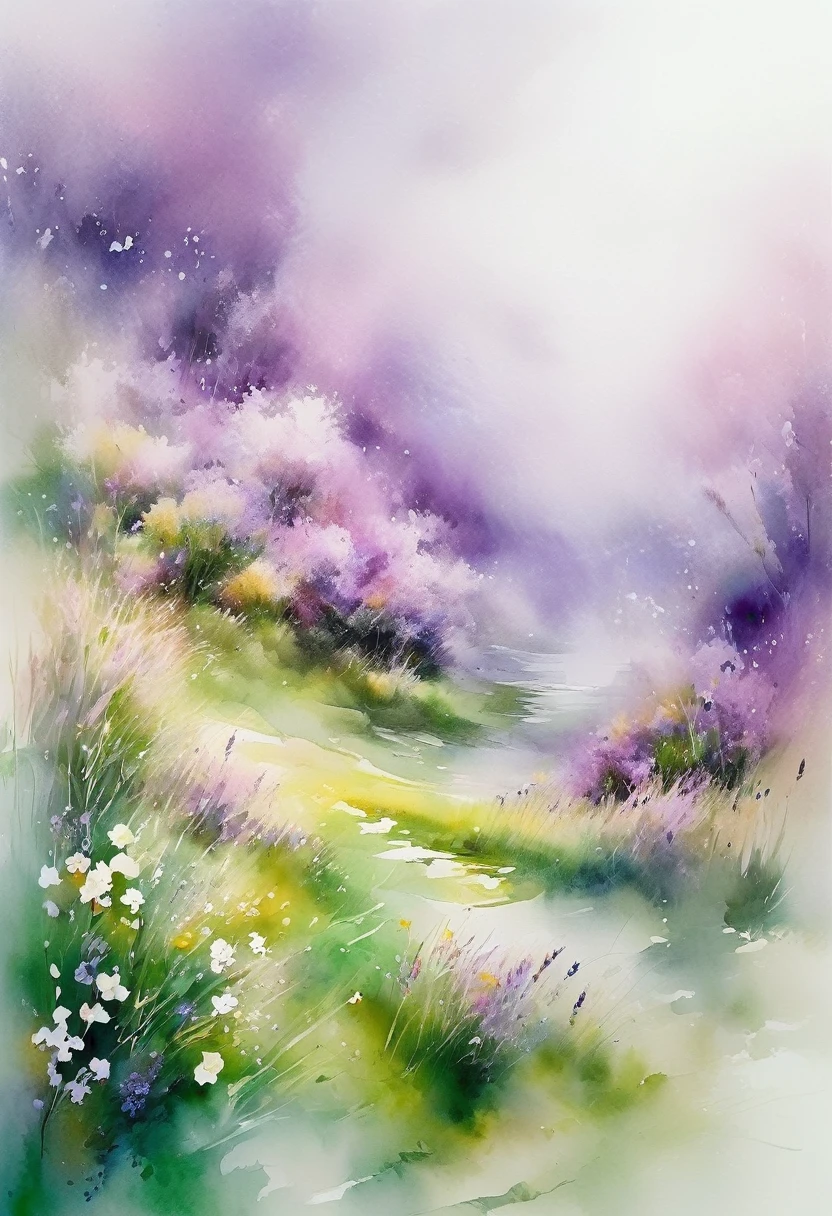 This watercolor flower painting、Shows elegant and fresh visual effects。Wildflowers and lavender fields，The perfect combination of nature and romance。The screen is dominated by a white background，Highlighted watercolor flowers isolated。Ink rendering，Splash technology recreates wet conditions，The atmosphere is hazy and dreamy.。The unique composition and abstract expression enhance the artistic atmosphere of the painting.。，Contains elements of surrealism。The overall color scheme is mainly light tones.，Lilac and green go together beautifully，View high resolution details。With ink splash effect、Adds lightness to your photos。，The pale colours give the flowers depth and understated beauty..。