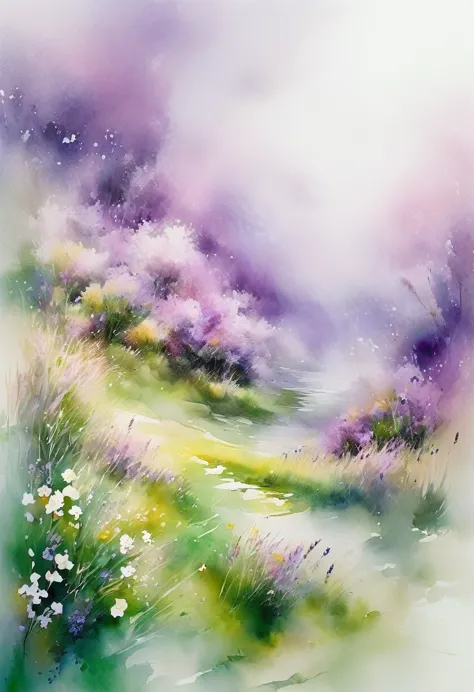 This watercolor flower painting、Shows elegant and fresh visual effects。Wildflowers and lavender fields，The perfect combination o...