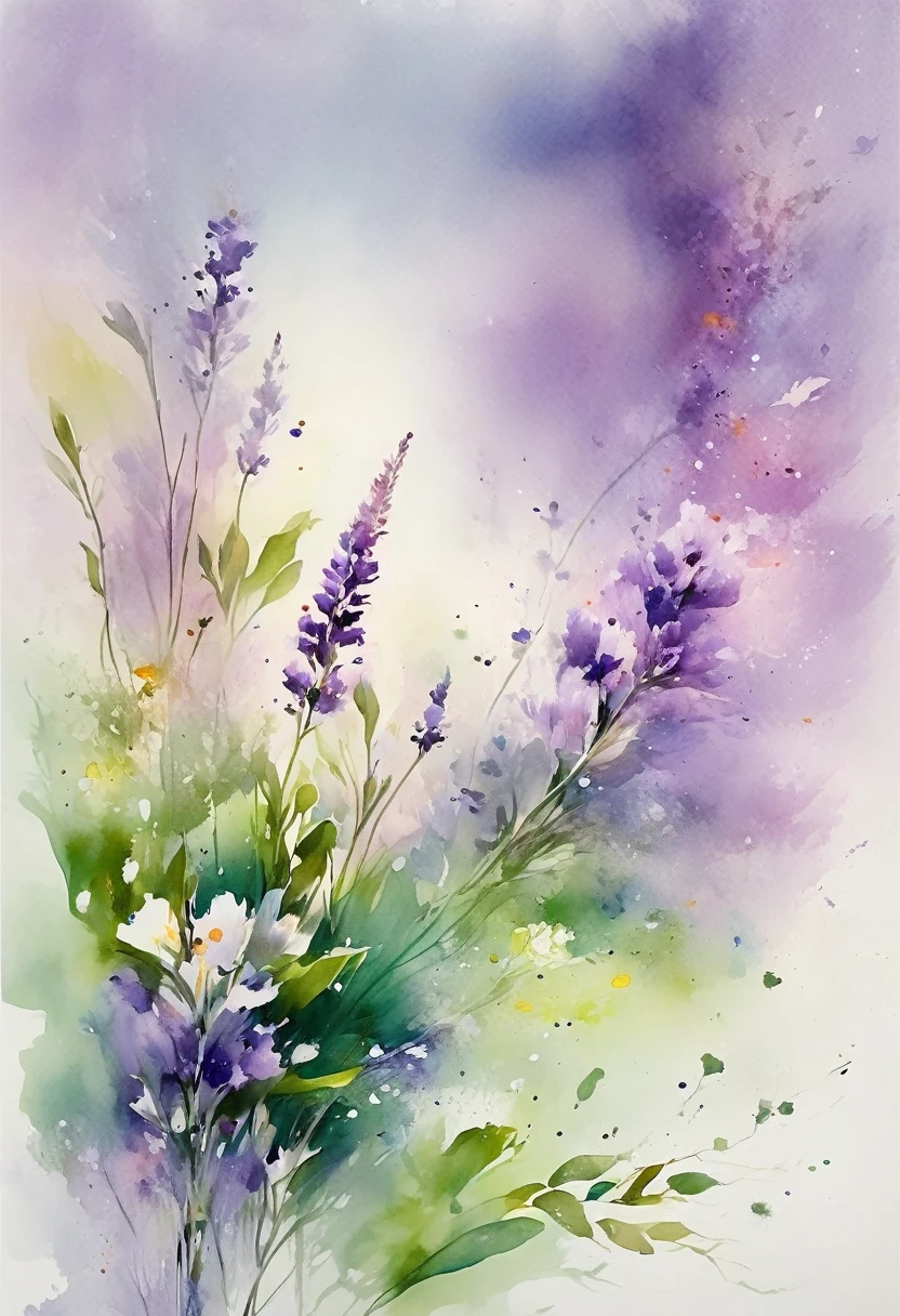 Dieses Aquarellblumengemälde、Zeigt elegante und frische visuelle Effekte。Wildblumen und Lavendelfelder，Die perfekte Kombination aus Natur und Romantik。Der Bildschirm wird von einem weißen Hintergrund dominiert，Hervorgehobene Aquarellblumen isoliert。Tintenrendering，Die Splash-Technologie stellt nasse Bedingungen nach，Die Atmosphäre ist dunstig und verträumt.。Die einzigartige Komposition und der abstrakte Ausdruck verstärken die künstlerische Atmosphäre des Gemäldes.。，Enthält Elemente des Surrealismus。Das gesamte Farbschema besteht hauptsächlich aus hellen Tönen.，Flieder und Grün passen wunderbar zusammen，Details in hoher Auflösung anzeigen。Mit Tintenspritzeffekt、Verleiht Ihren Fotos Leichtigkeit。，Die blassen Farben verleihen den Blumen Tiefe und dezente Schönheit..。