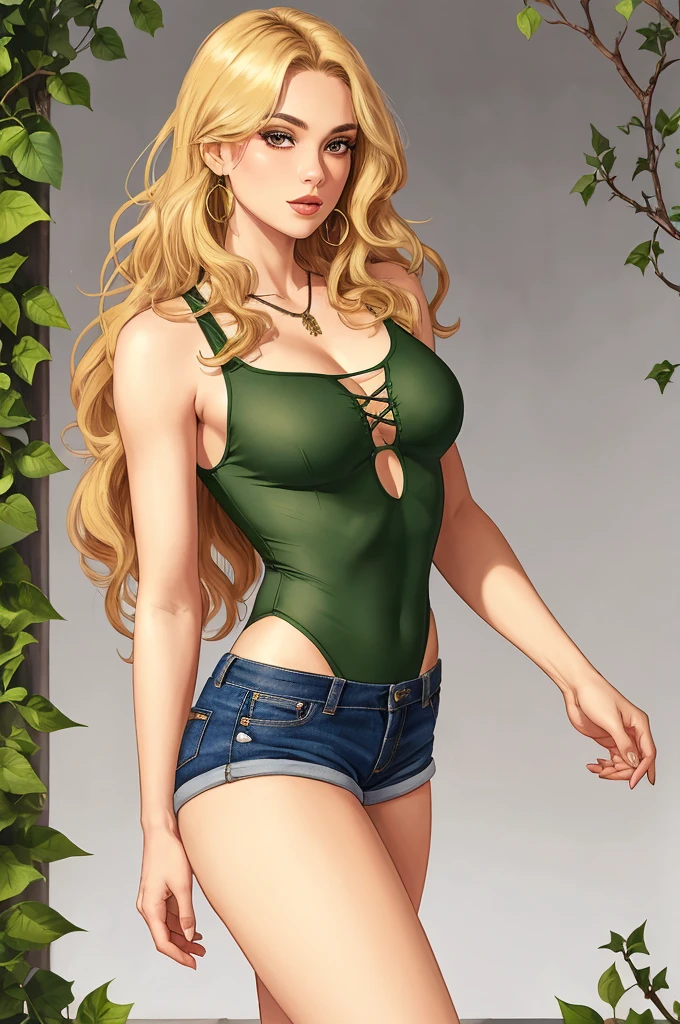 gorgeous tomboy duidess, clothes made of leaves, ivy, poison, vines, brawny,leotard, shorts, blonde