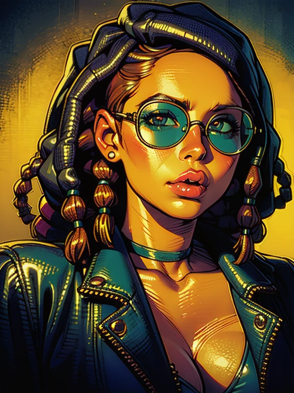 a woman wearing a leather jacket with studs, large sunglasses, dreadlocks, dark skin, beautiful detailed eyes, beautiful detailed lips, extremely detailed eyes and face, long eyelashes, portrait, cinematic lighting, dramatic color palette, hyperrealistic, 8k, photorealistic, high quality, masterpiece
