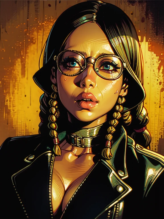 a woman wearing a leather jacket with studs, large sunglasses, dreadlocks, dark skin, beautiful detailed eyes, beautiful detailed lips, extremely detailed eyes and face, long eyelashes, portrait, cinematic lighting, dramatic color palette, hyperrealistic, 8k, photorealistic, high quality, masterpiece
