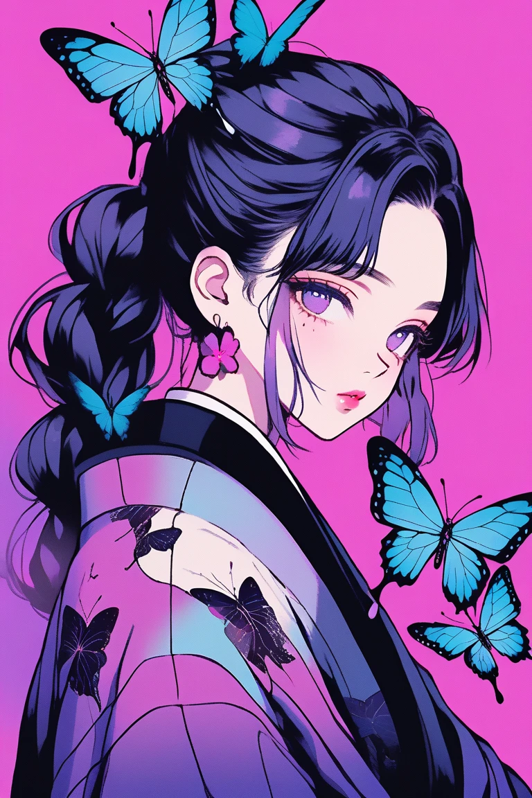 (Highest quality, sketch:1.2),Realistic,Illustrator,anime,1 Girl, Detailed lips,sweater,custom,Pink gradient background,Neon Hair,Texture Cropping,masterpiece, Style: Retro Classic, Dark Black、Braid、Under the Moon、black and purple hair、Beautiful Book、Blue butterfly hair ornament、A rainbow-colored butterfly-like haori coat