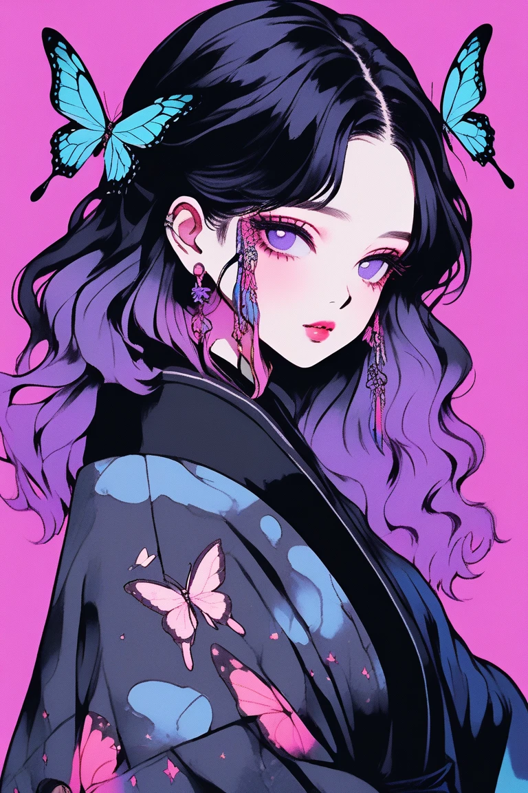 (Highest quality, sketch:1.2),Realistic,Illustrator,anime,1 Girl, Detailed lips,sweater,custom,Pink gradient background,Neon Hair,Texture Cropping,masterpiece, Style: Retro Classic, Dark Black、Braid、Under the Moon、black and purple hair、Beautiful Book、Blue butterfly hair ornament、A rainbow-colored butterfly-like haori coat