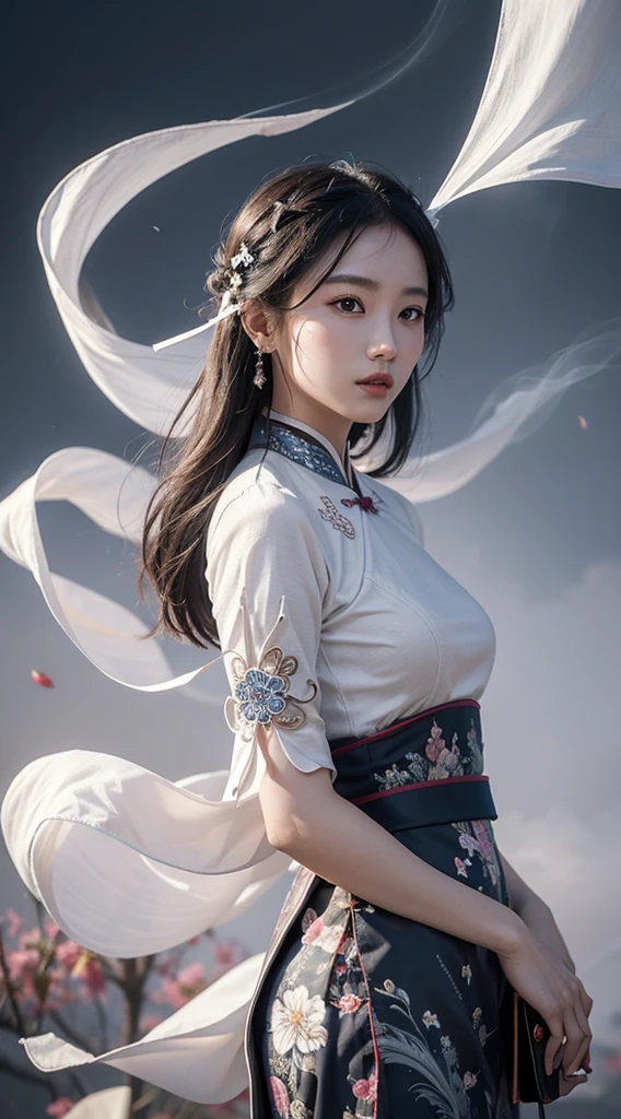 zhongfenghua, 1girl, solo, hanfu, ancient_chinese_architecture, flower field, blossom, (white smoke:1.3) (photorealistic:1.4), zentangle, mandala, entangle, official art, unity 8k wallpaper, ultra detailed, beautiful and aesthetic, masterpiece,best quality, (dynamic angle:1.4), glowing skin, (floating colorful sparkles:1) the most beautiful form of chaos, elegant, a brutalist designed, vivid colours, romanticism depth of field exotic_dance