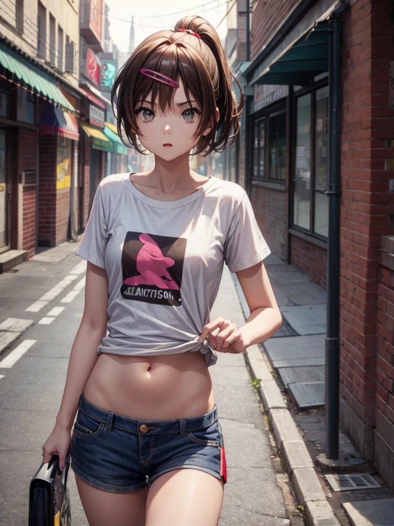 Girl, 16 years old, slim t-shirt, short, navel shown, street background
